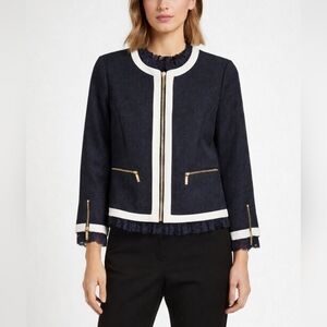 Ted Baker Navy Textured Zip Blazer Lace Trim Gold Hardware Size 3